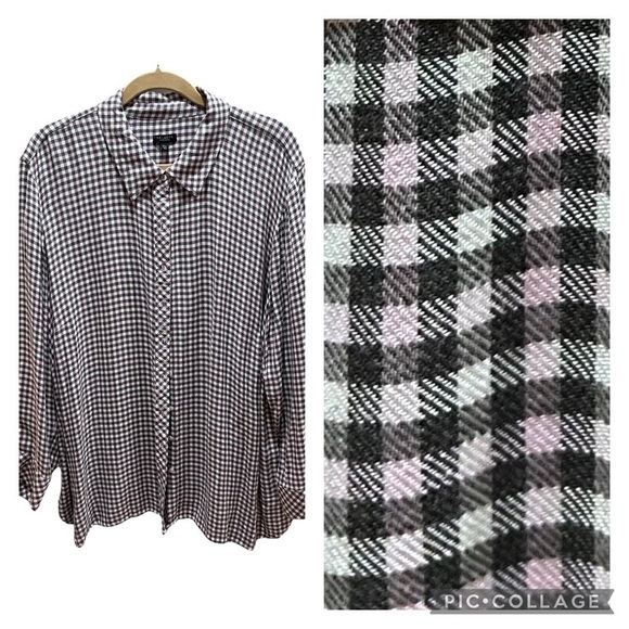 Talbots Gray, White, & Pink Check Plaid Button Down Blouse/Tunic Sz 3X - Picture 1 of 9